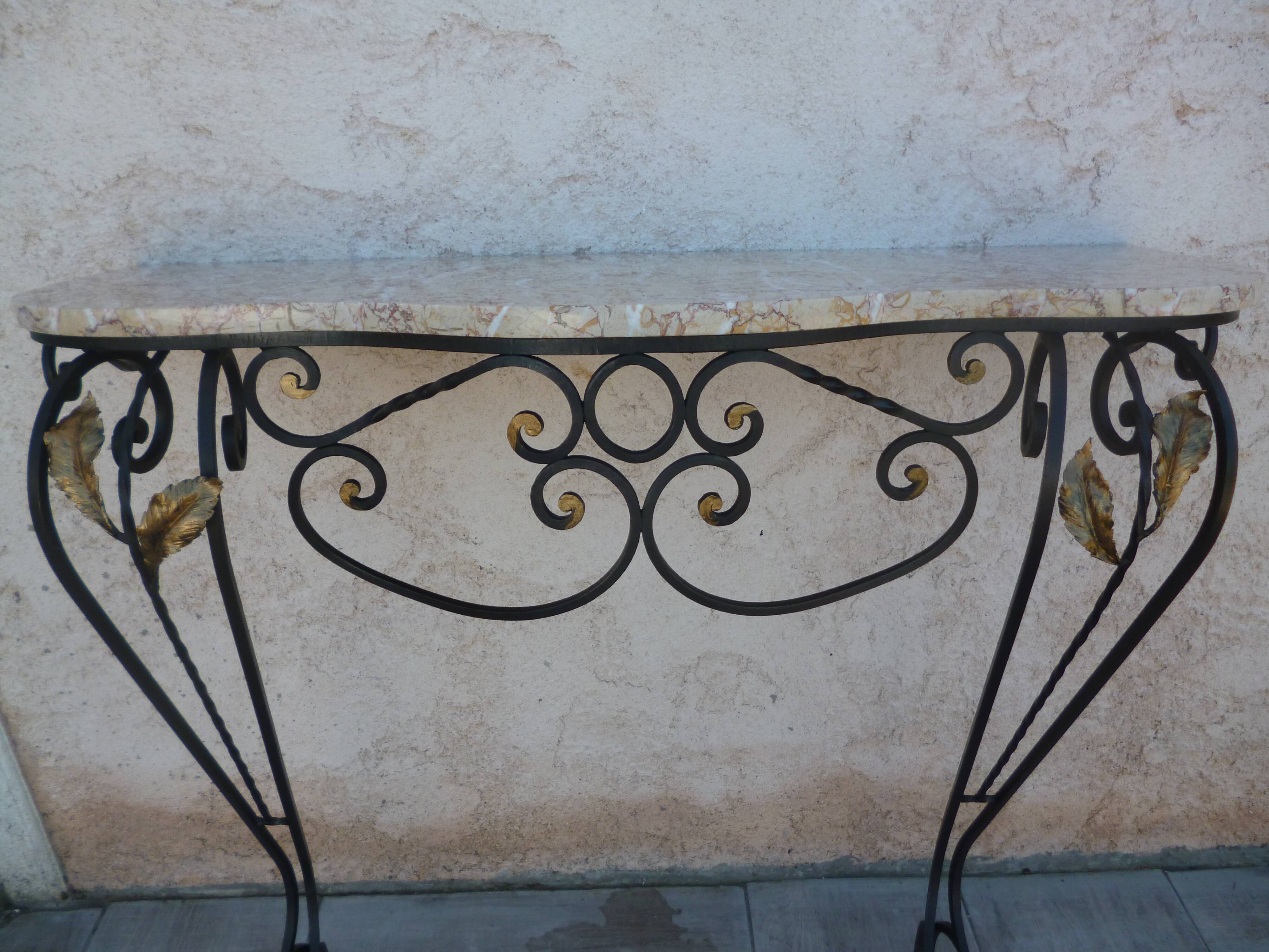 Art Deco wrought iron console with marble