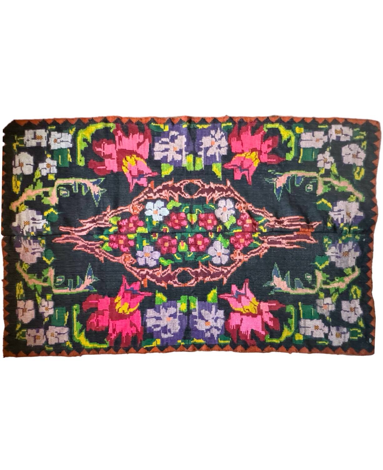 Bohemian floral design, handwoven wool rug, black background with colorful flowers