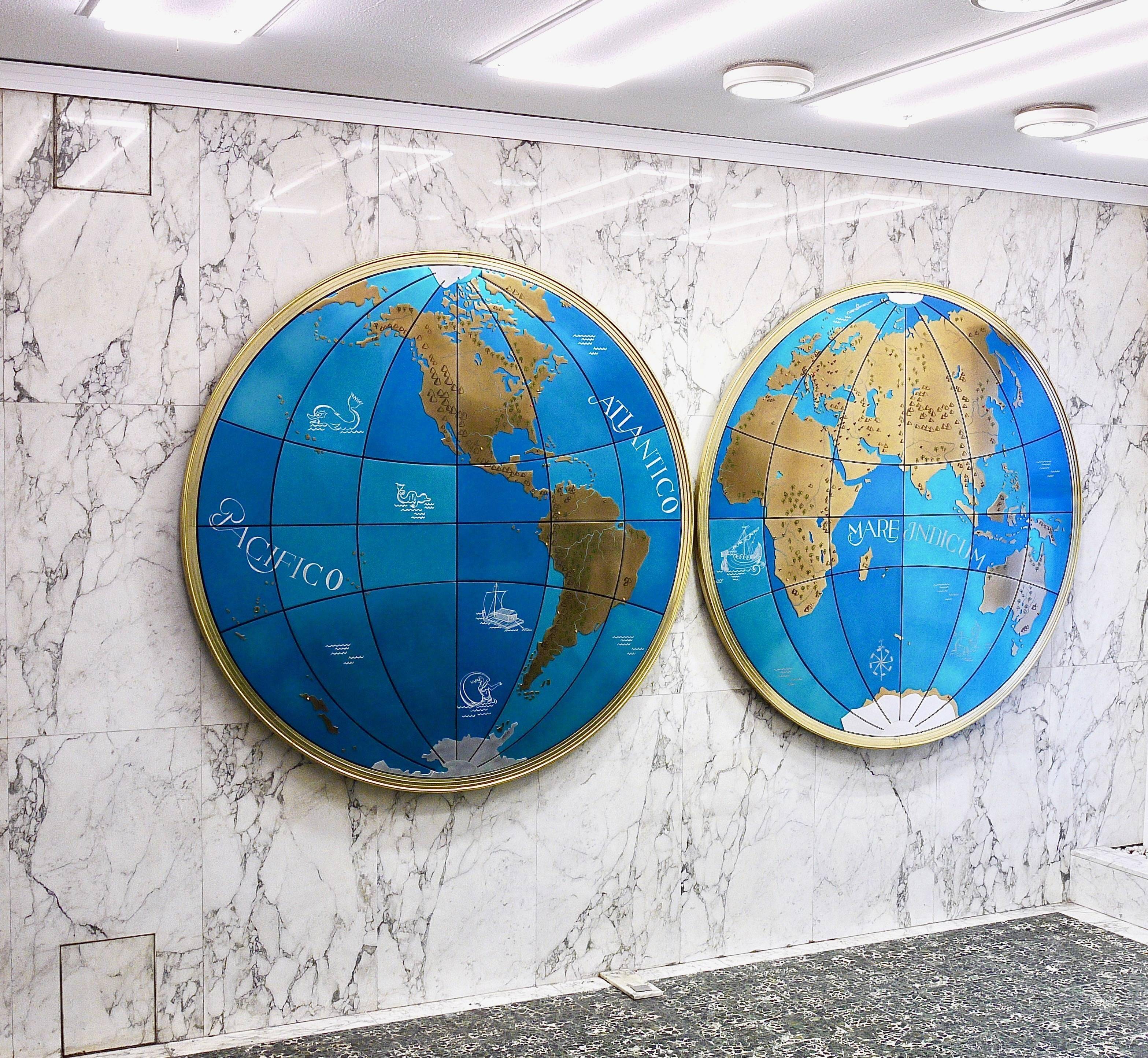 Impressive pair of two giant modern wall globes, world map, diameter 95 inches, 1950s.