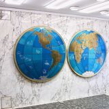 Impressive pair of two giant modern wall globes, world map, diameter 95 inches, 1950s.