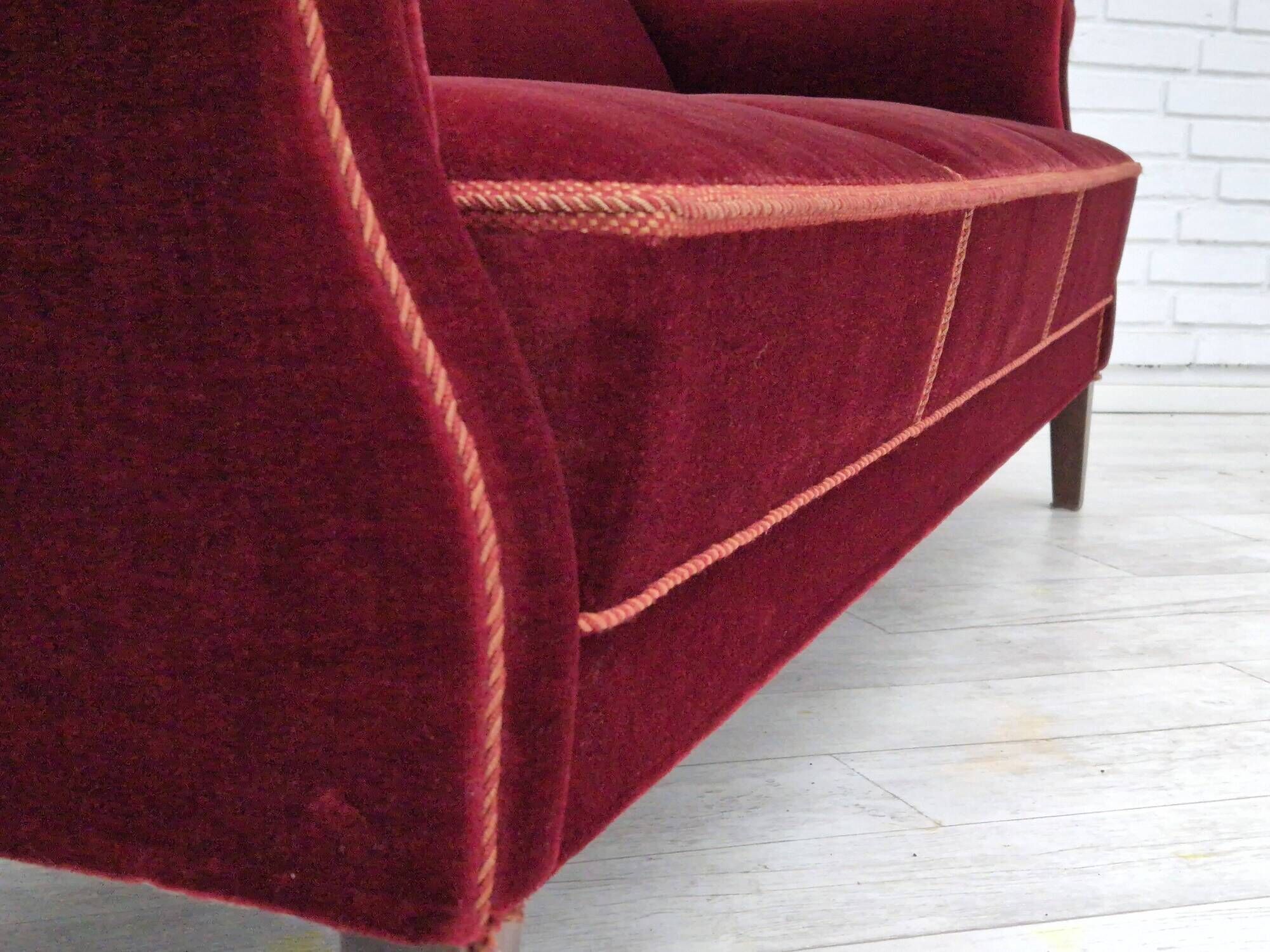 1960s, Danish 3 seater sofa, original good condition, furniture velour, beech wood .