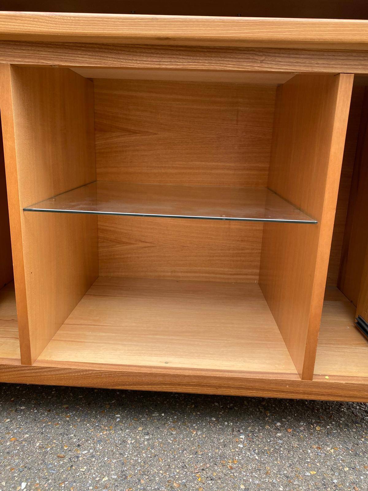 Glass-fronted Scandinavian oak sideboard from the 1980s.