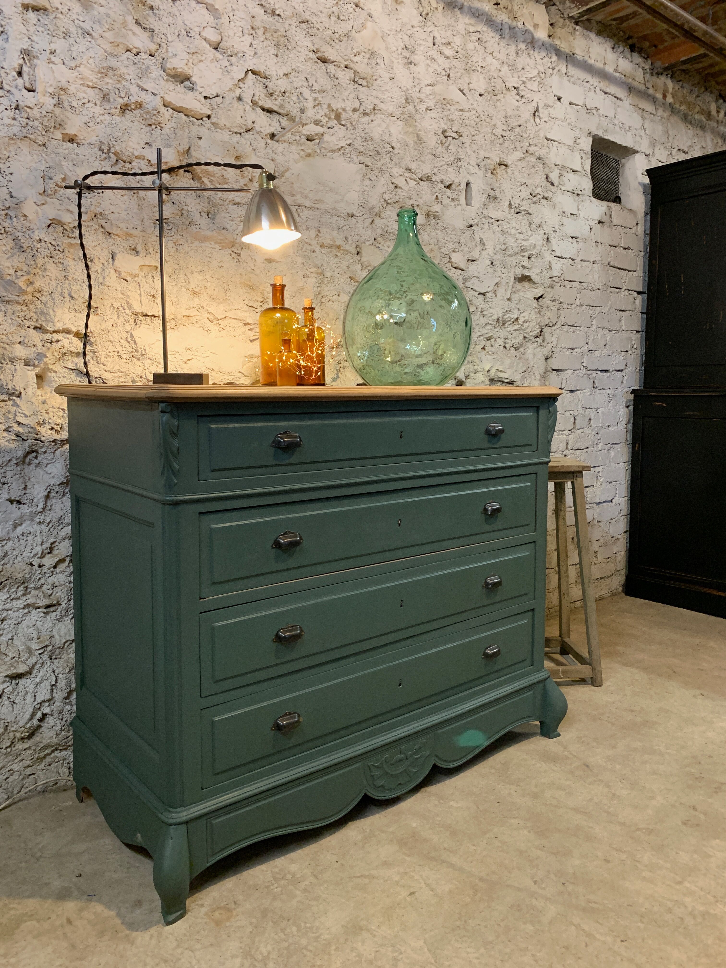 Old olive green oak chest of drawers