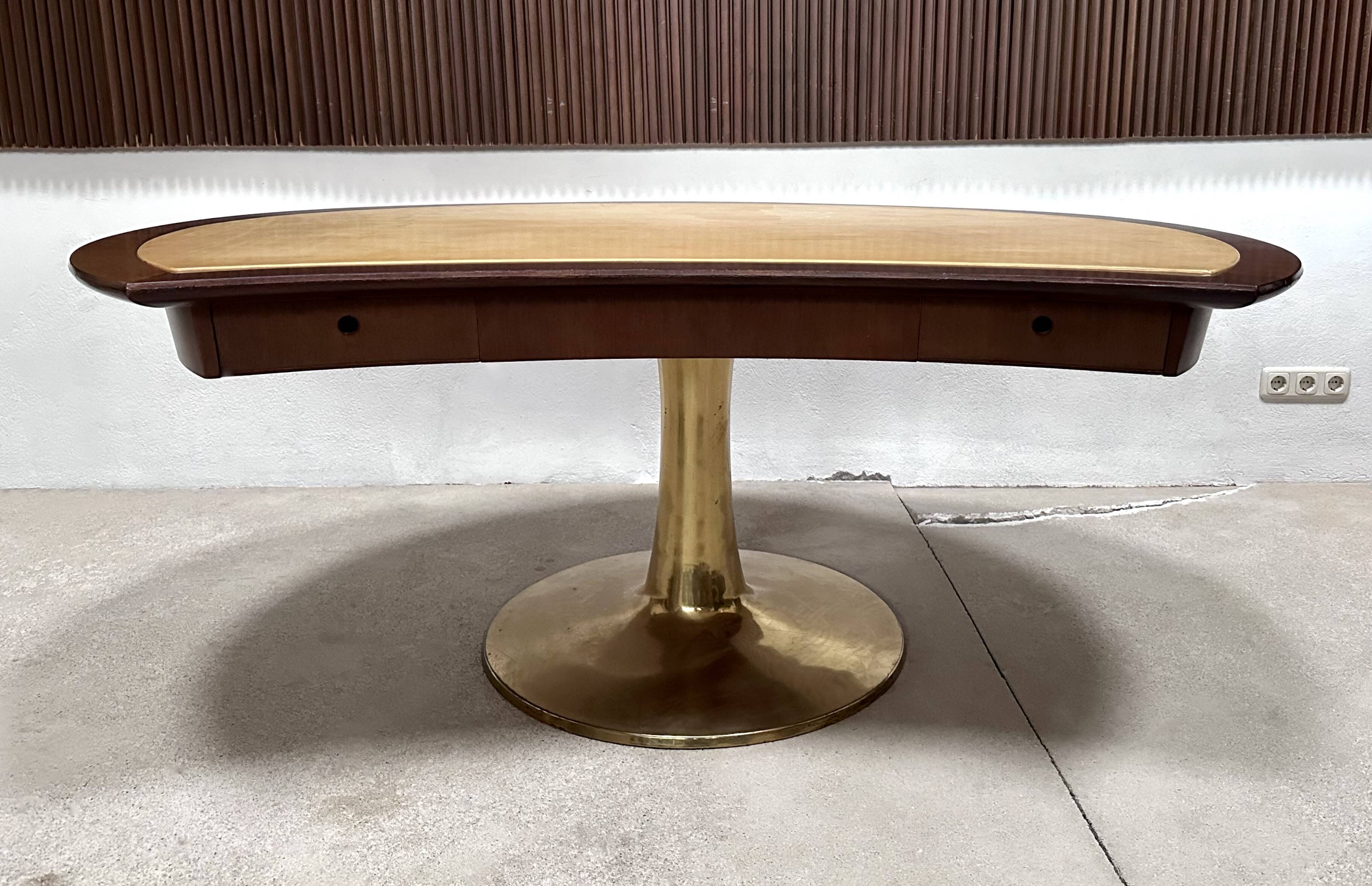 Large Italian Single Column Crescent-Shaped Desk in Goat Skin & Brass 1950s
