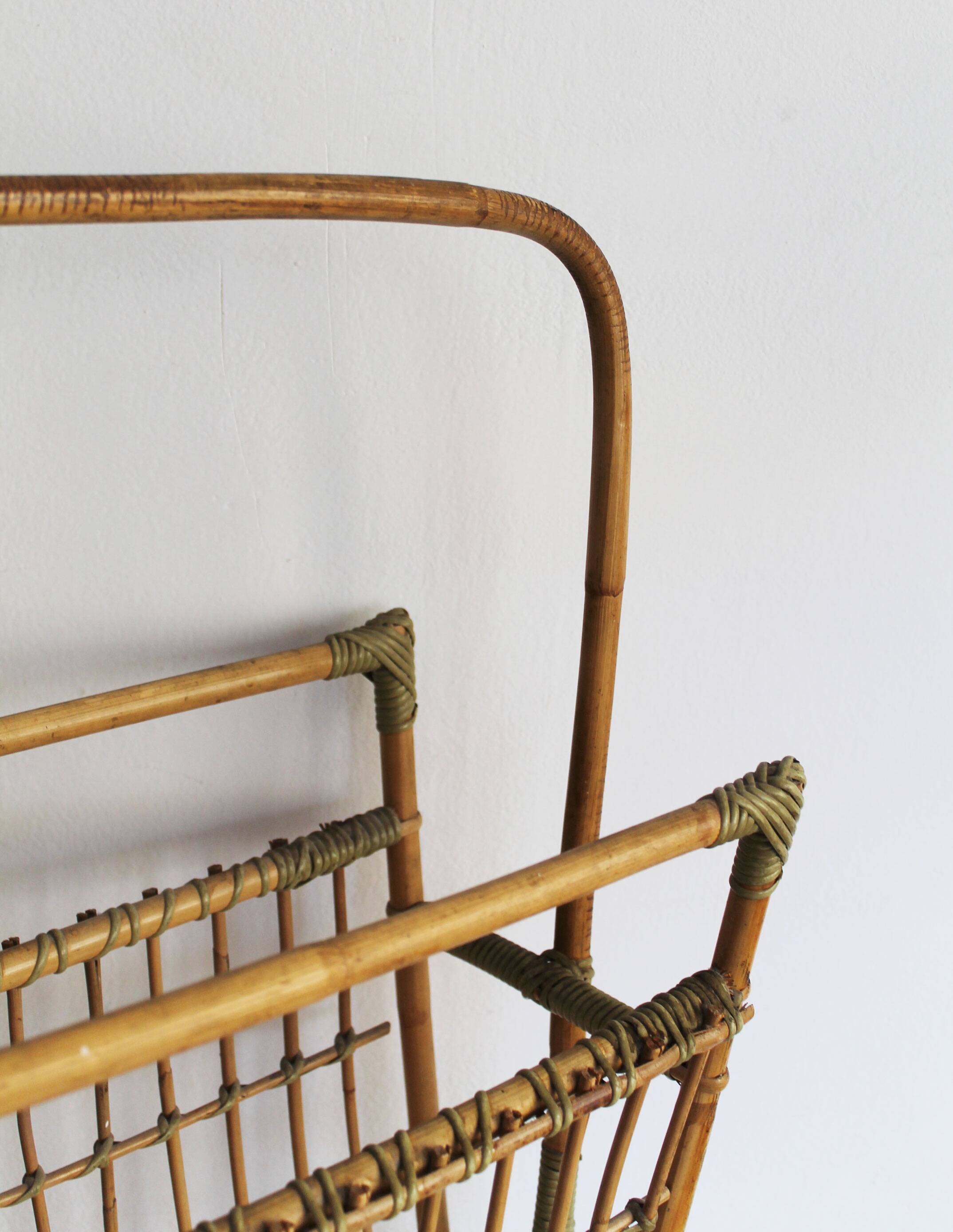 1960s Czechoslovak Rattan Magazine Rack with Tall Handle
