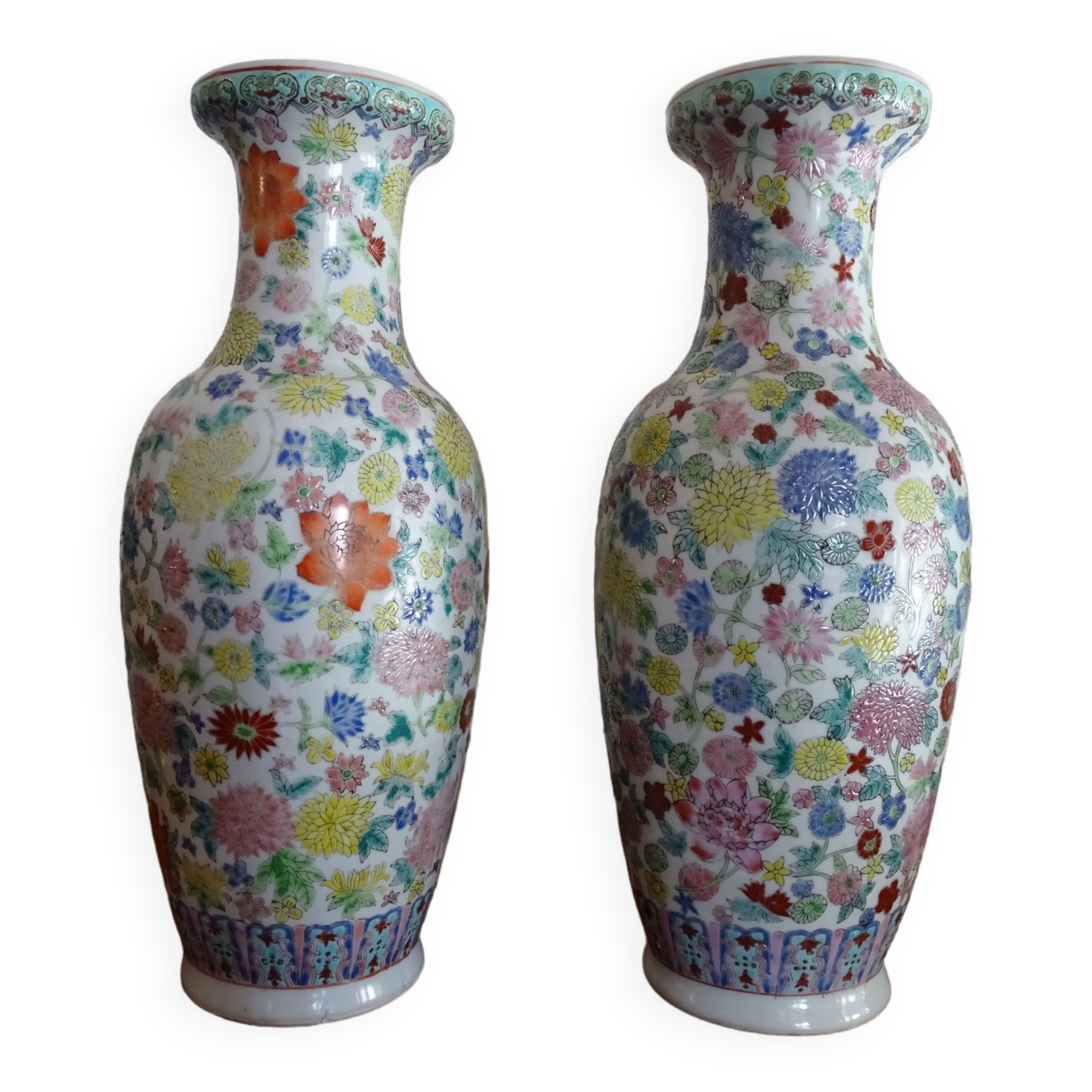 Pair of Chinese thousand flower vases - 20th century pink family period - 31 cm