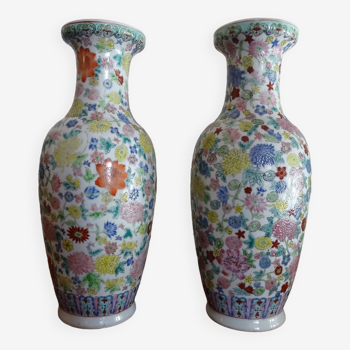 Pair of Chinese thousand flower vases - 20th century pink family period - 31 cm