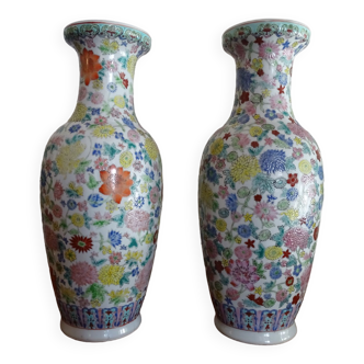 Pair of Chinese thousand flower vases - 20th century pink family period - 31 cm