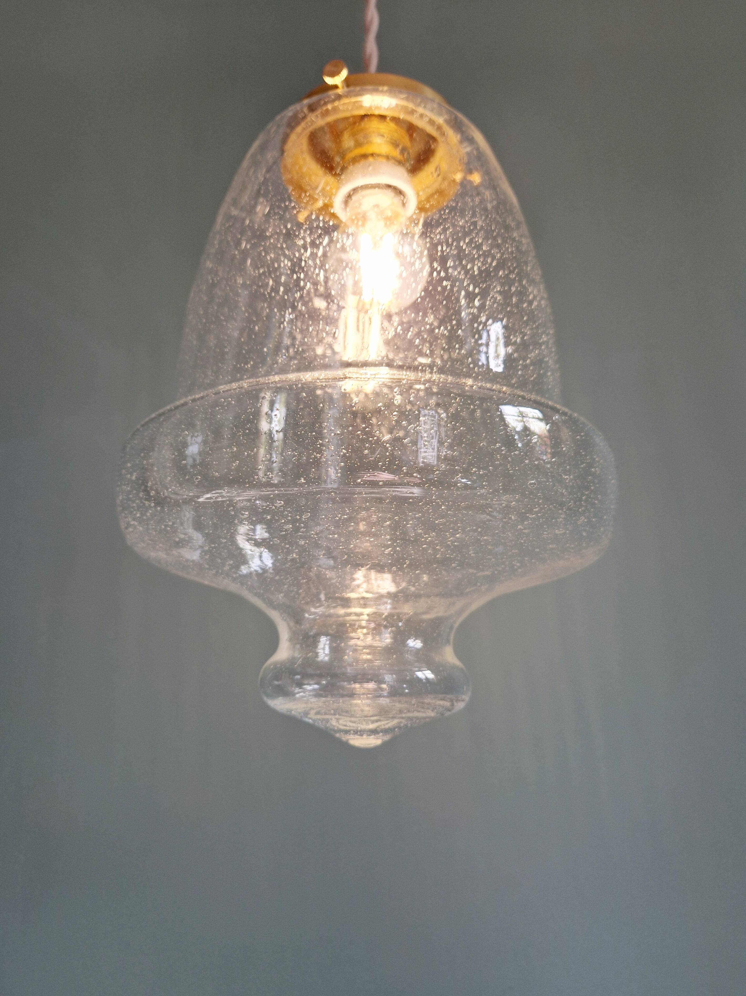 Vintage pendant light in transparent bubbled glass, 70s