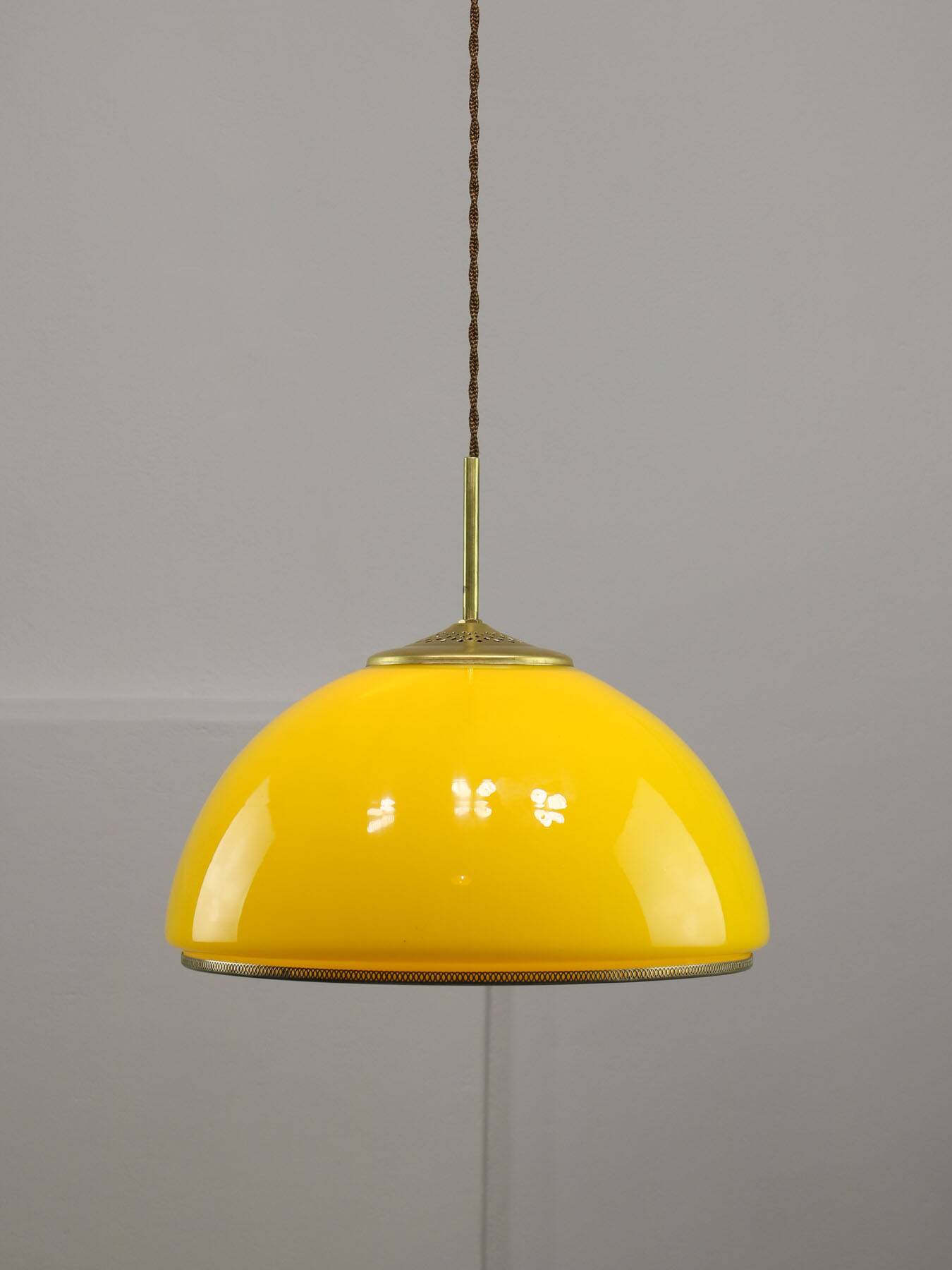 Mid-Century Italian Yellow Glass and Brass Pendant Lamp