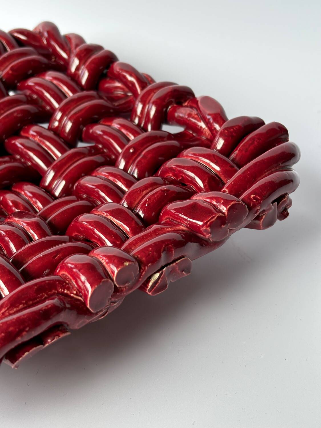 Burgundy woven ceramic basket bowl