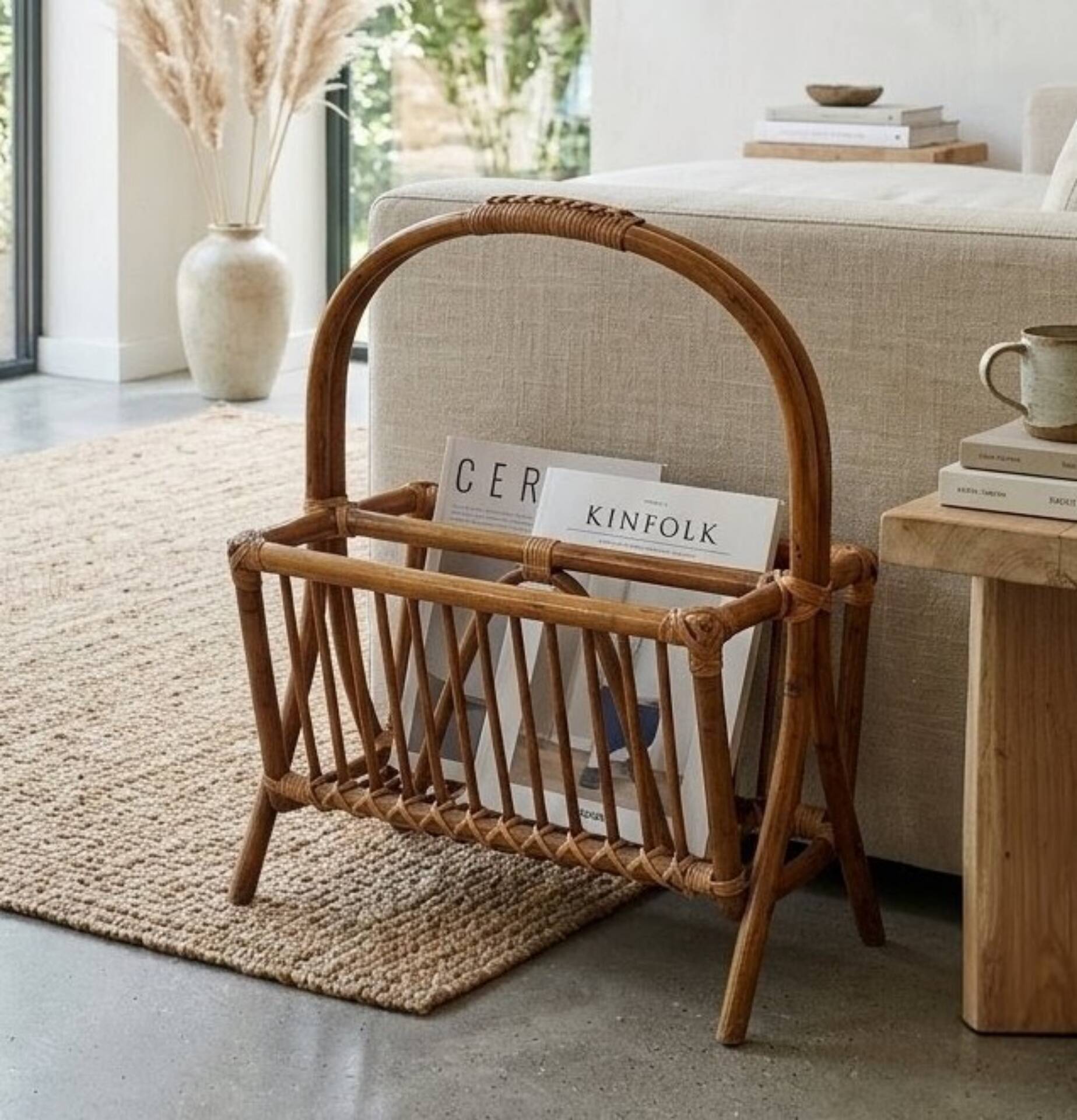 bamboo / rattan magazine rack, vintage, bohemian chic charm