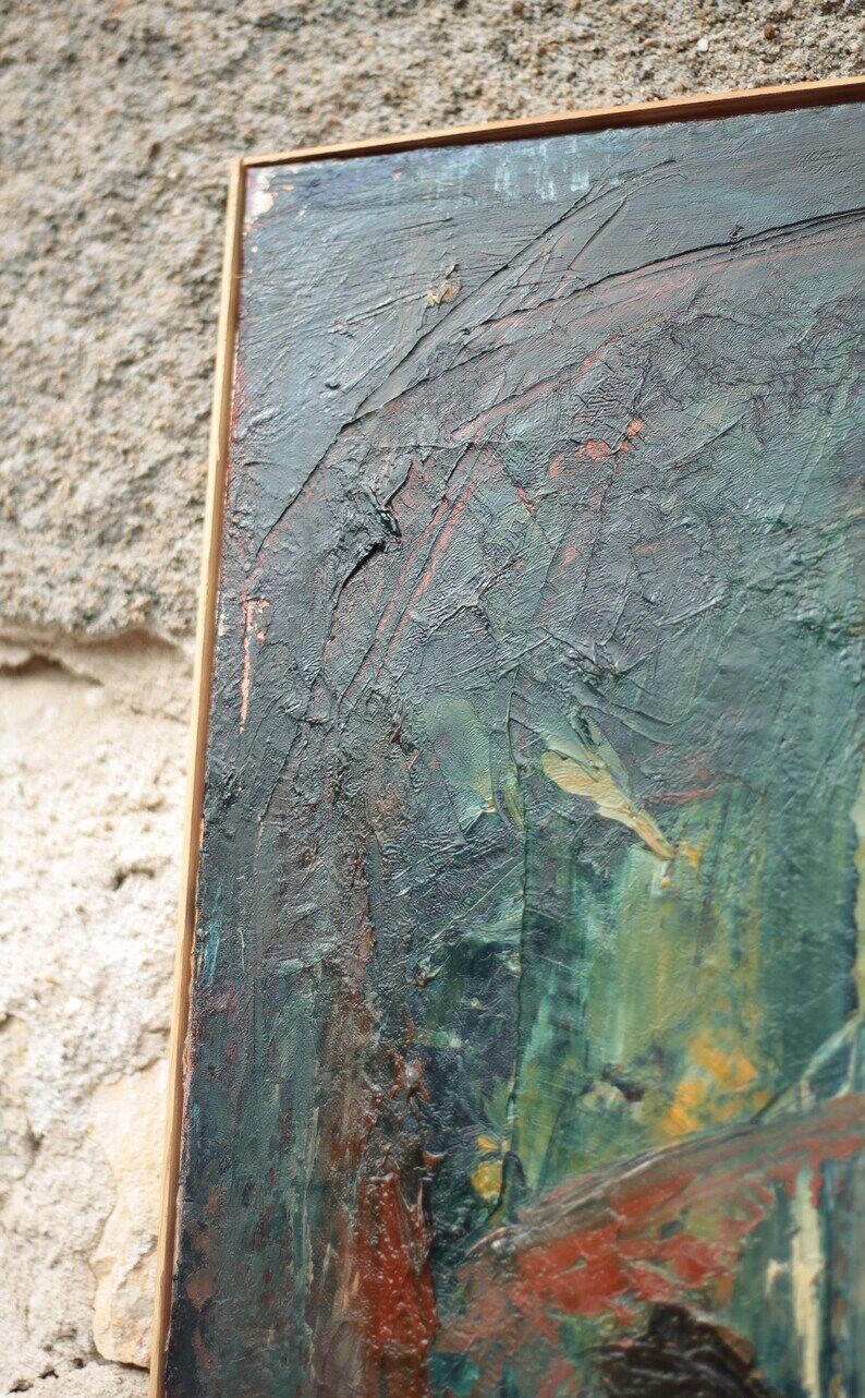 Oil on canvas signed Monique Humbert, large abstract composition, wall painting, interior decoration.