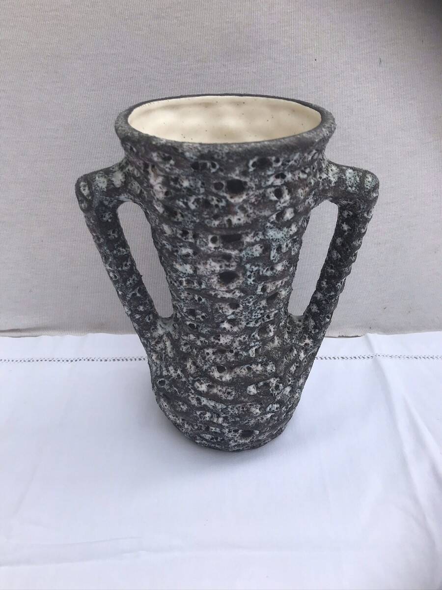Vintage annette roux fat lava ceramic grey & white foams ancient vase