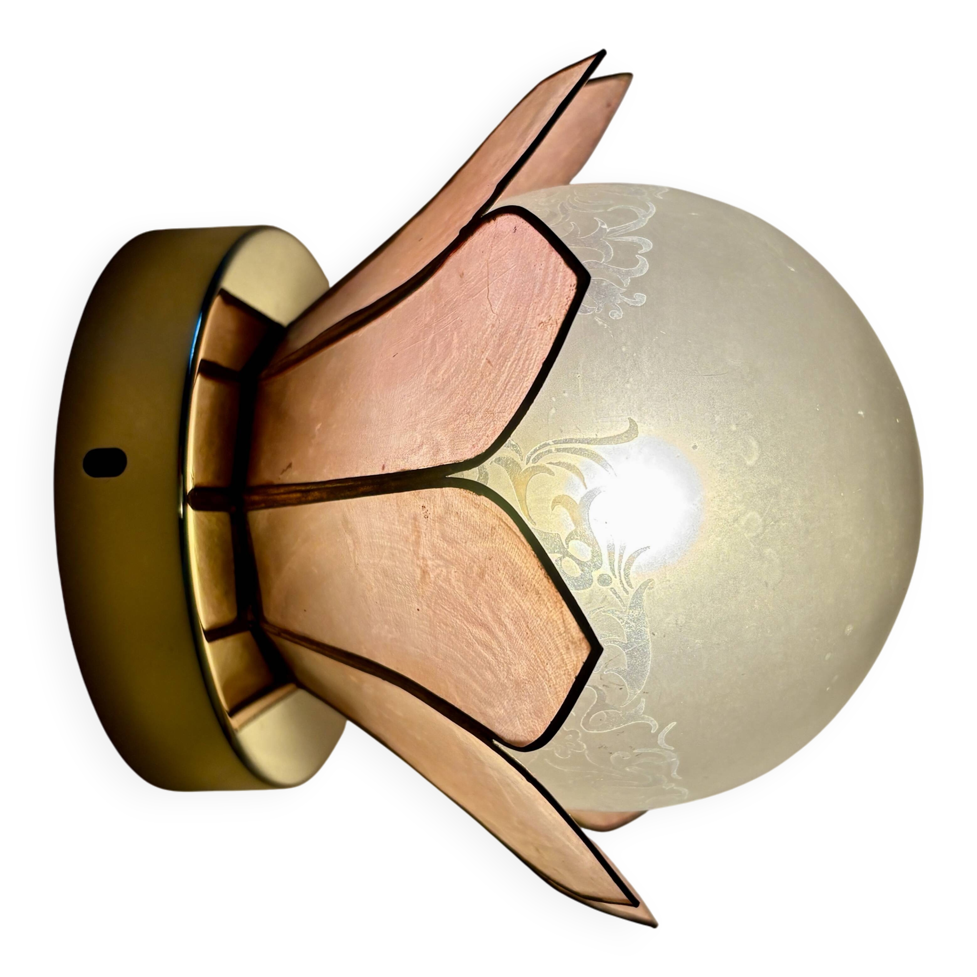 Vintage pink mother-of-pearl wall lamp with frosted glass globe