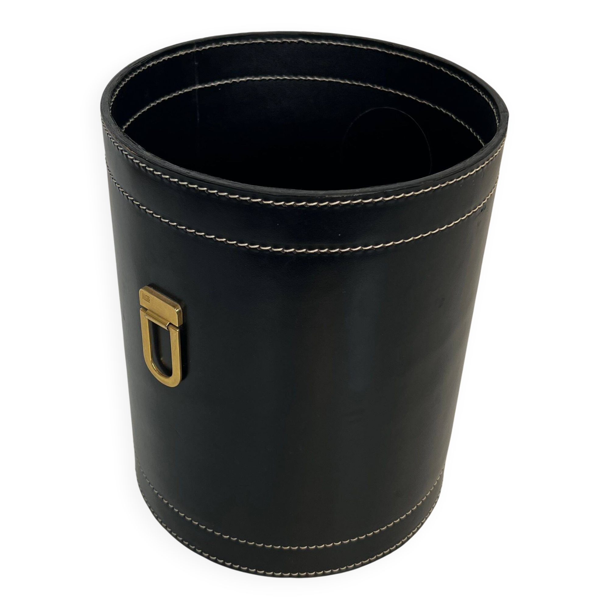 Black leather and brass desk basket