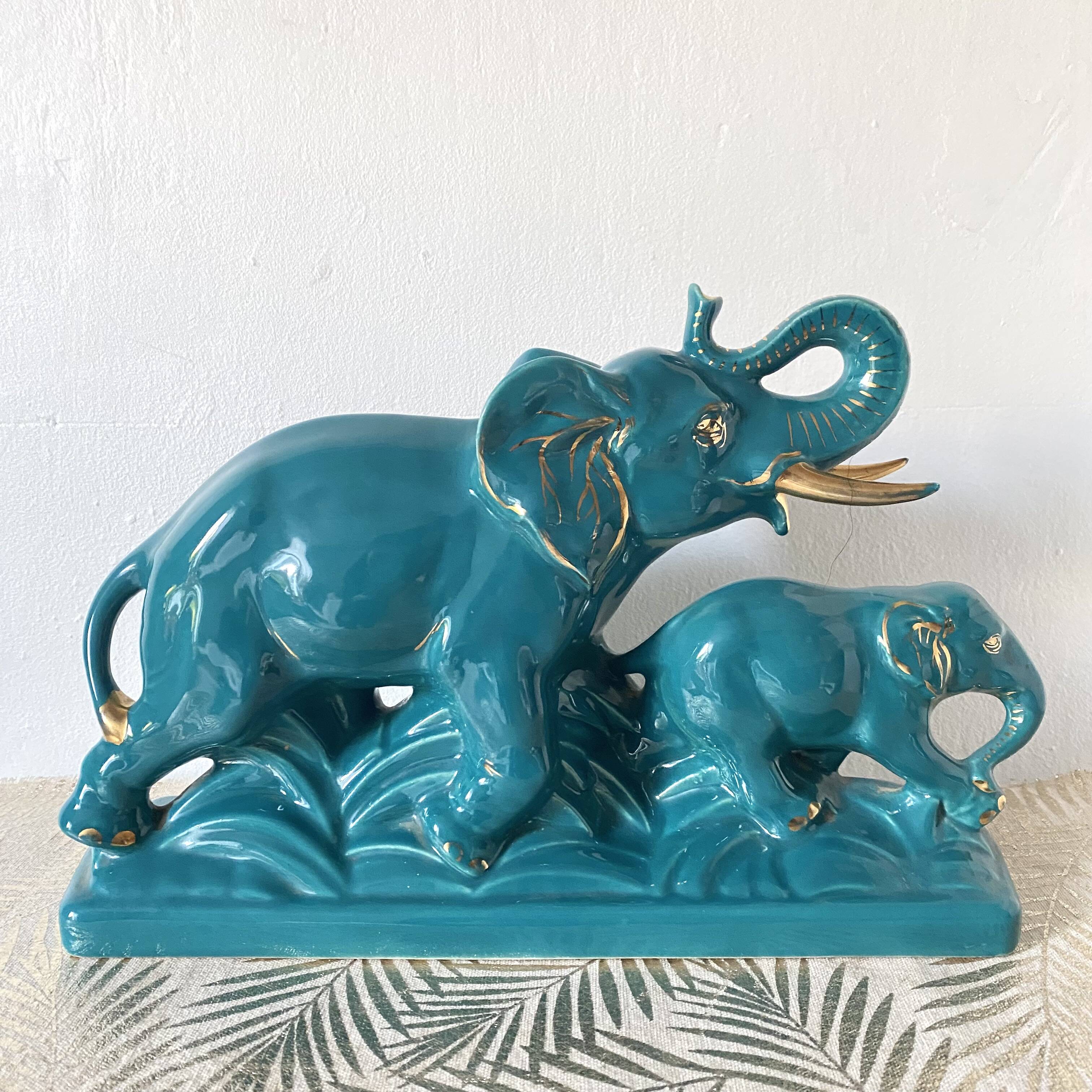 Turquoise and gold art deco ceramic elephants