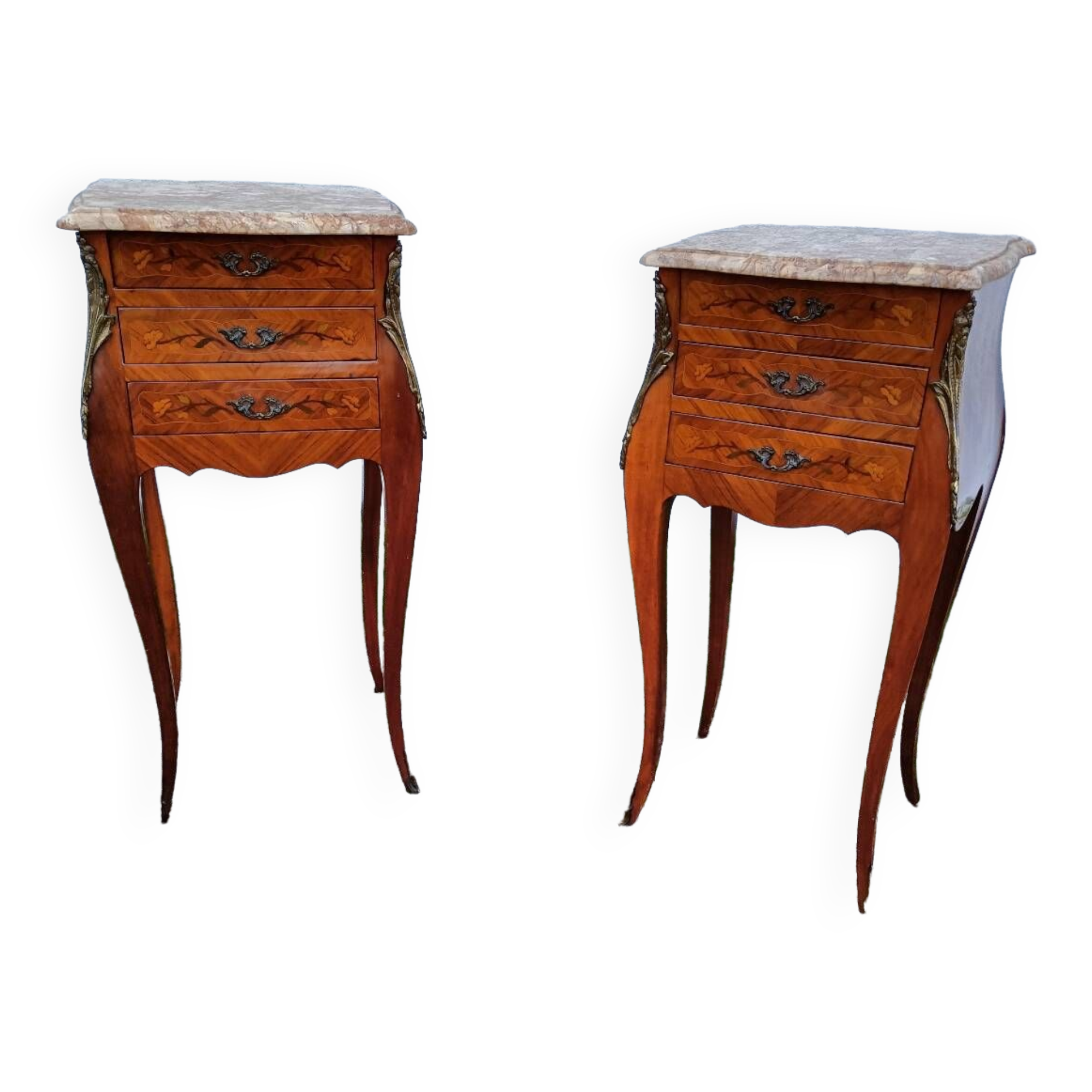 Louis xv style marble top marquetry bedside tables