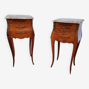 Louis xv style marble top marquetry bedside tables