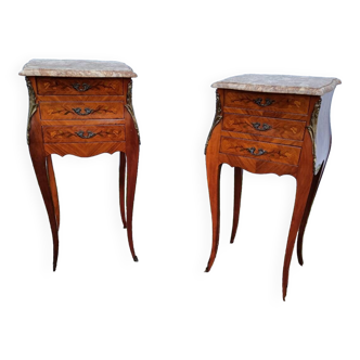 Tables de chevets en marqueterie plateau marbre style louis xv