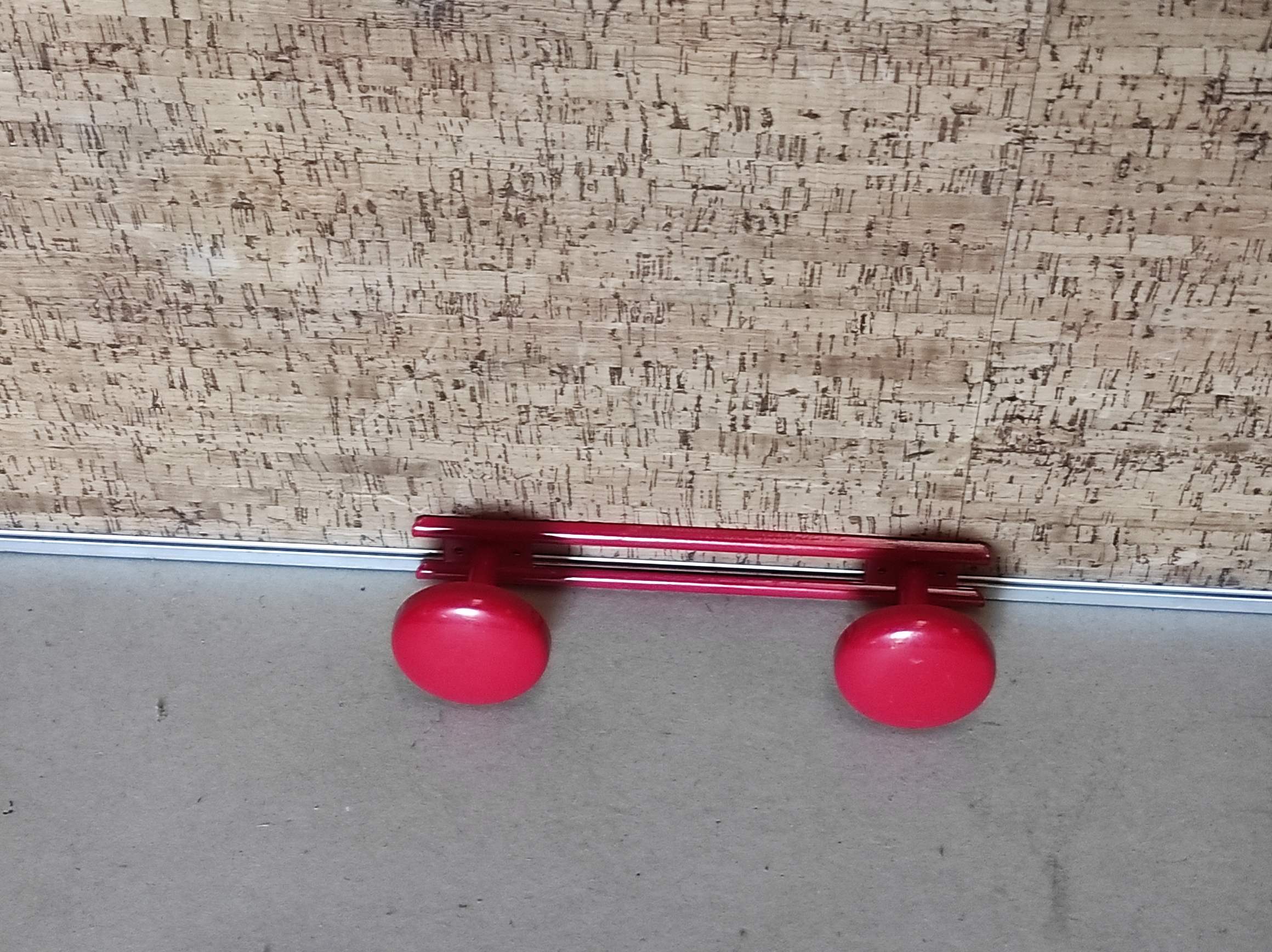 Old vintage wall coat rack 2 round metal hooks lacquered red new