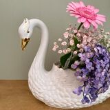 Vintage swan pot cover in white and gold ceramic