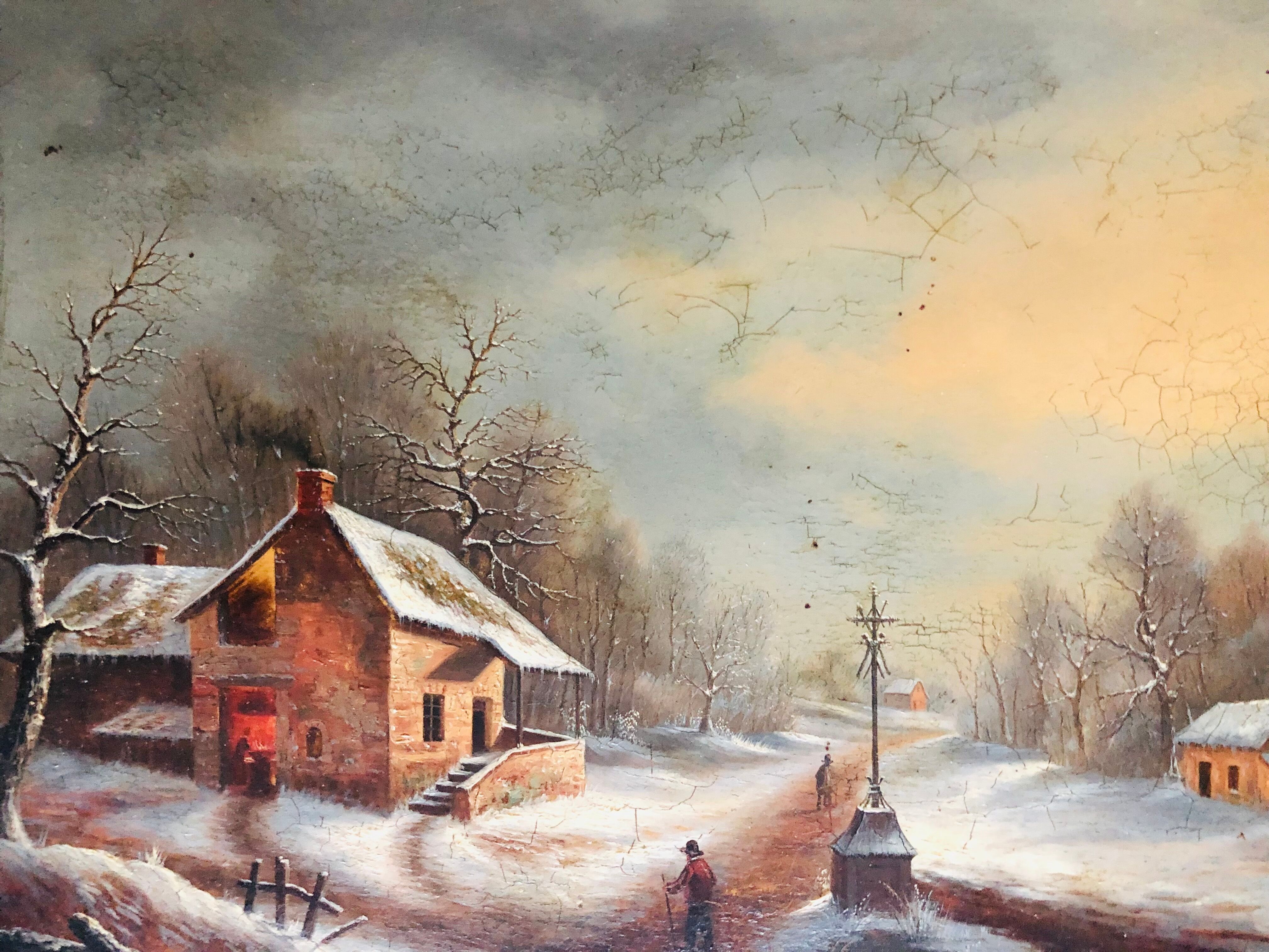 Huile sur panneau, paysage d'hiver animé