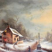 Huile sur panneau, paysage d'hiver animé
