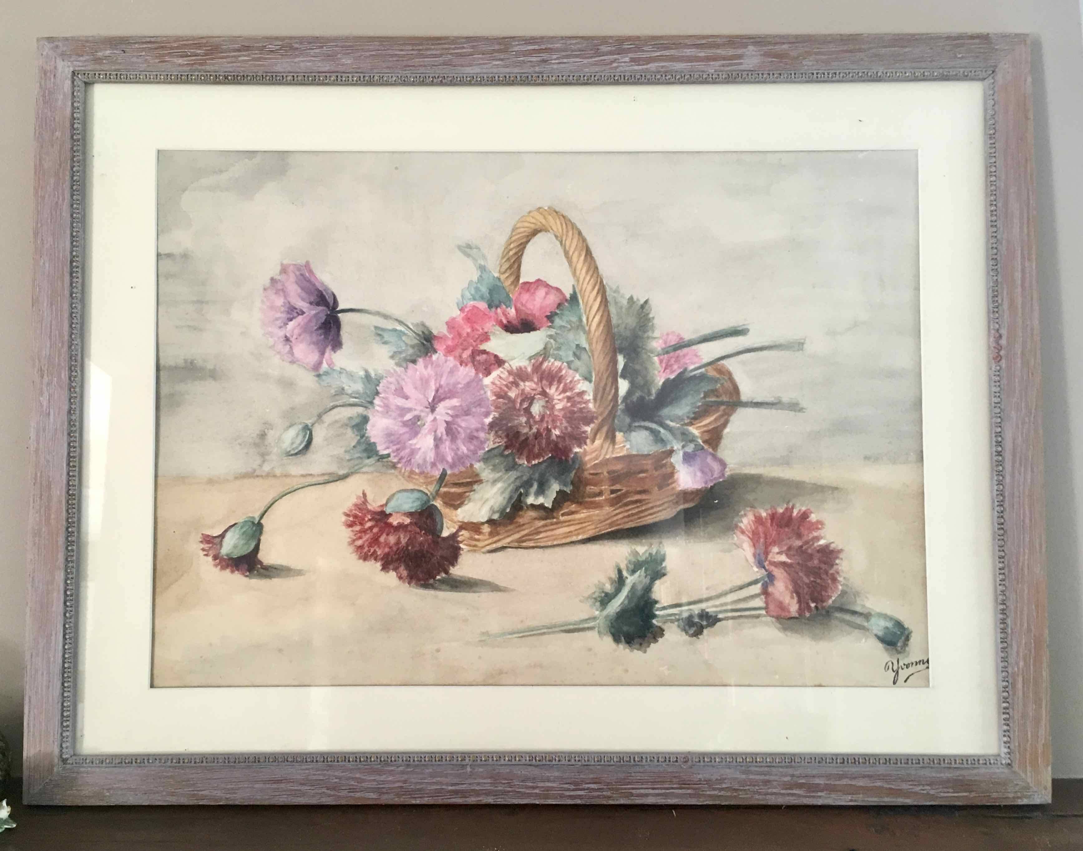 Watercolor painting basket of peonies