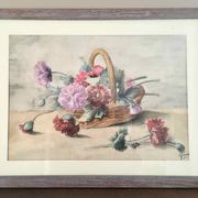 Tableau aquarelle panier de pivoines