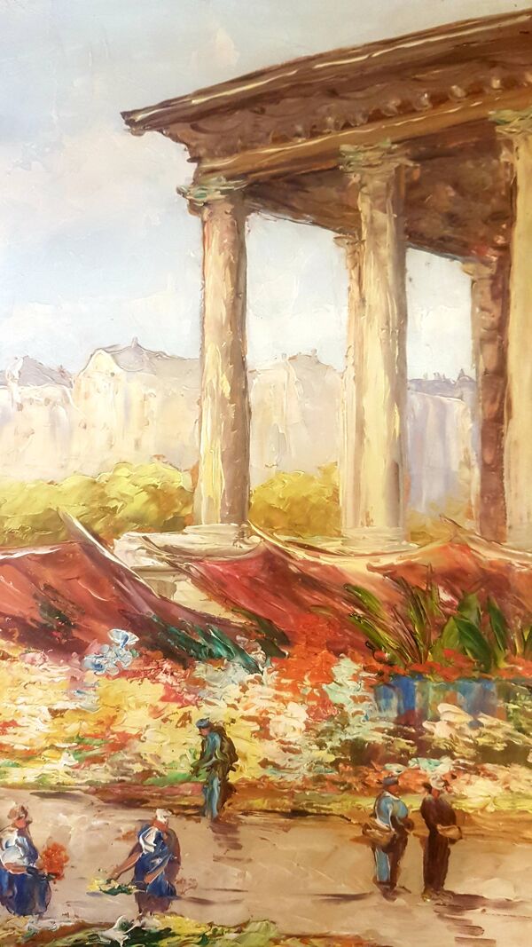 Tableau des années 40 Le marché aux fleurs signé Robert Giovani