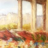 Painting from the 1940s The Flower Market signed Robert Giovani