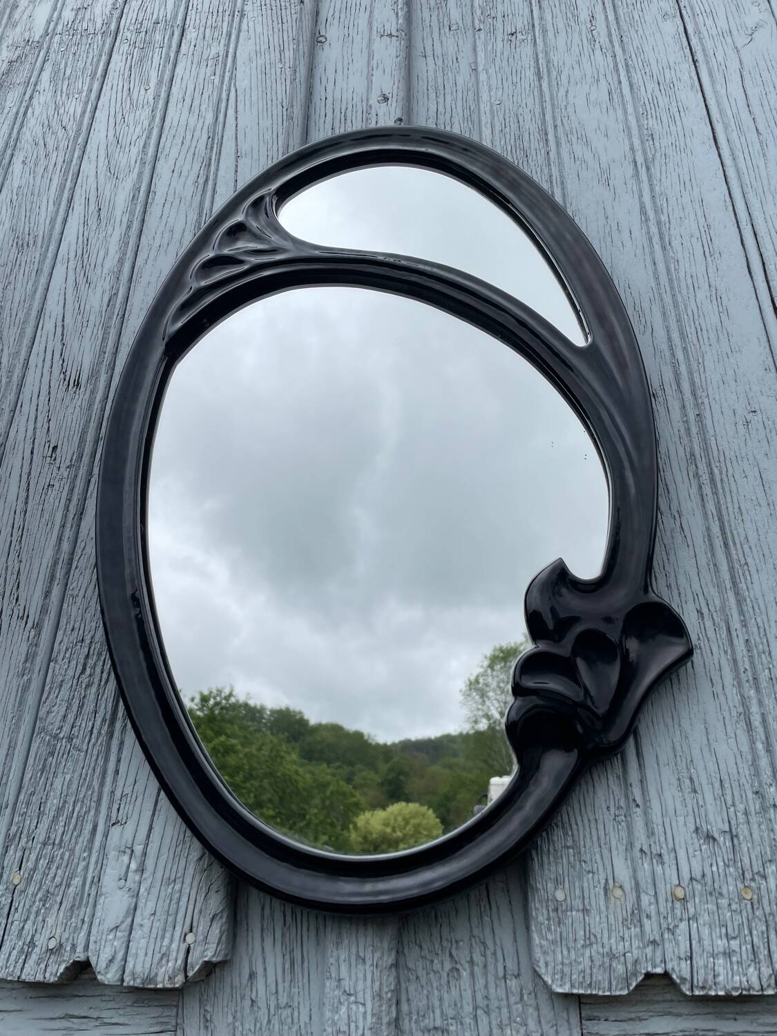 miroir ovale ancien Art Nouveau fonte d'acier émaillée