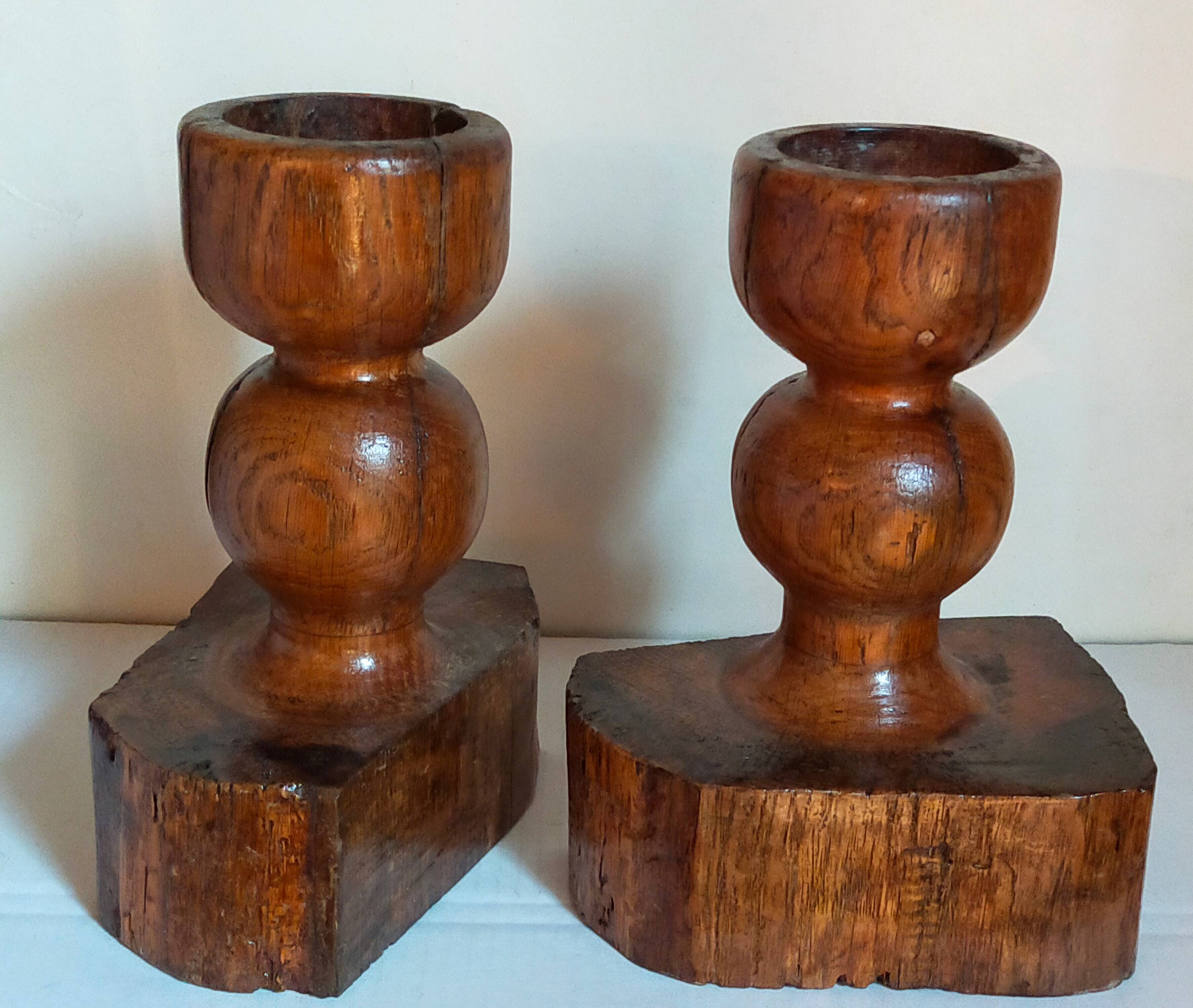 Pair of old brutalist turned solid wood candlesticks