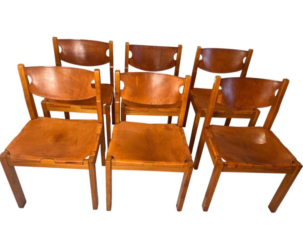 Vintage elm and leather chairs by Maison Regain, 1970s, set of 6.