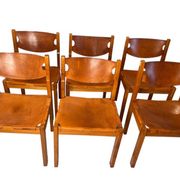 Chaises vintage en orme et cuir par Maison Regain, années 1970, lot de 6