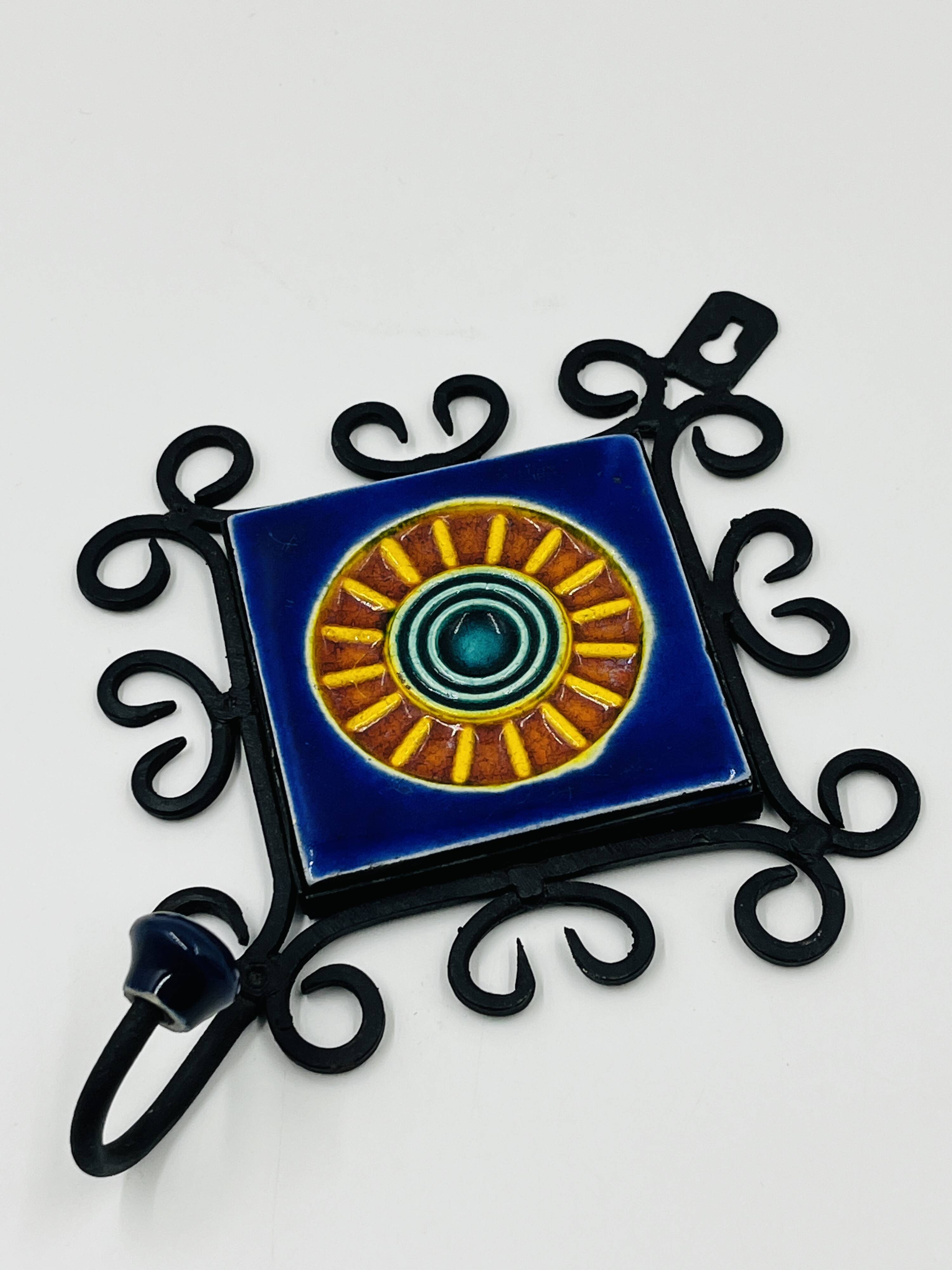 Brutalist Towel Holder Wrought Iron & Ceramic 1970