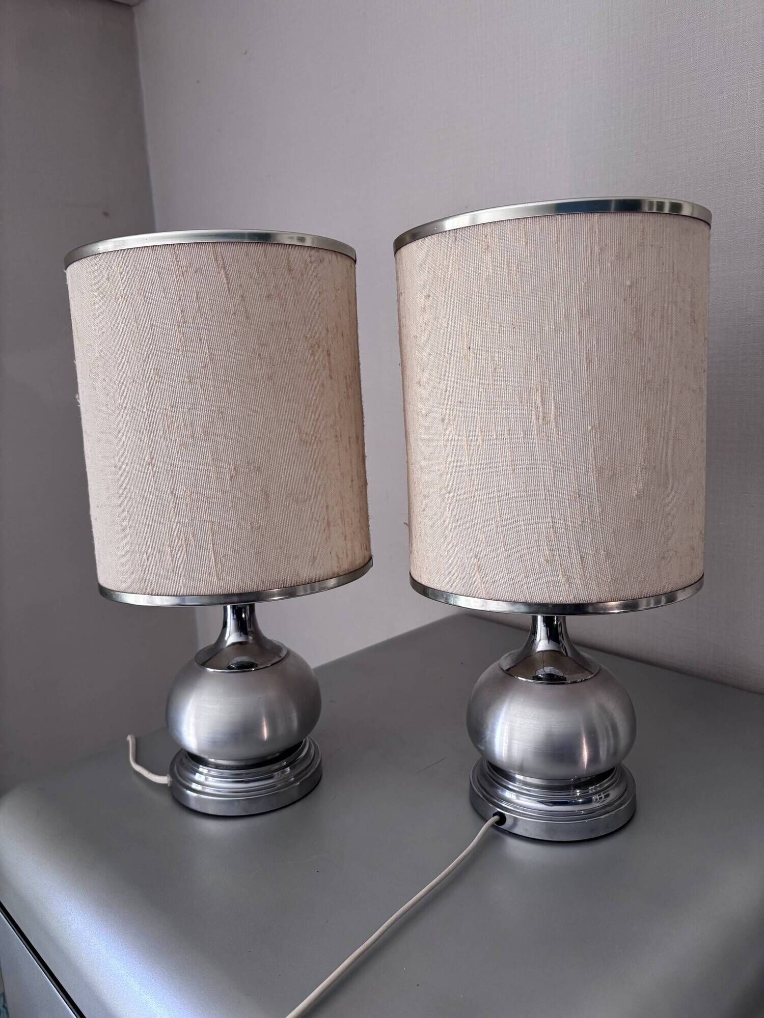 Vintage 1970s Chrome Brushed Metal Bedside Lamps Rewired Space Age
