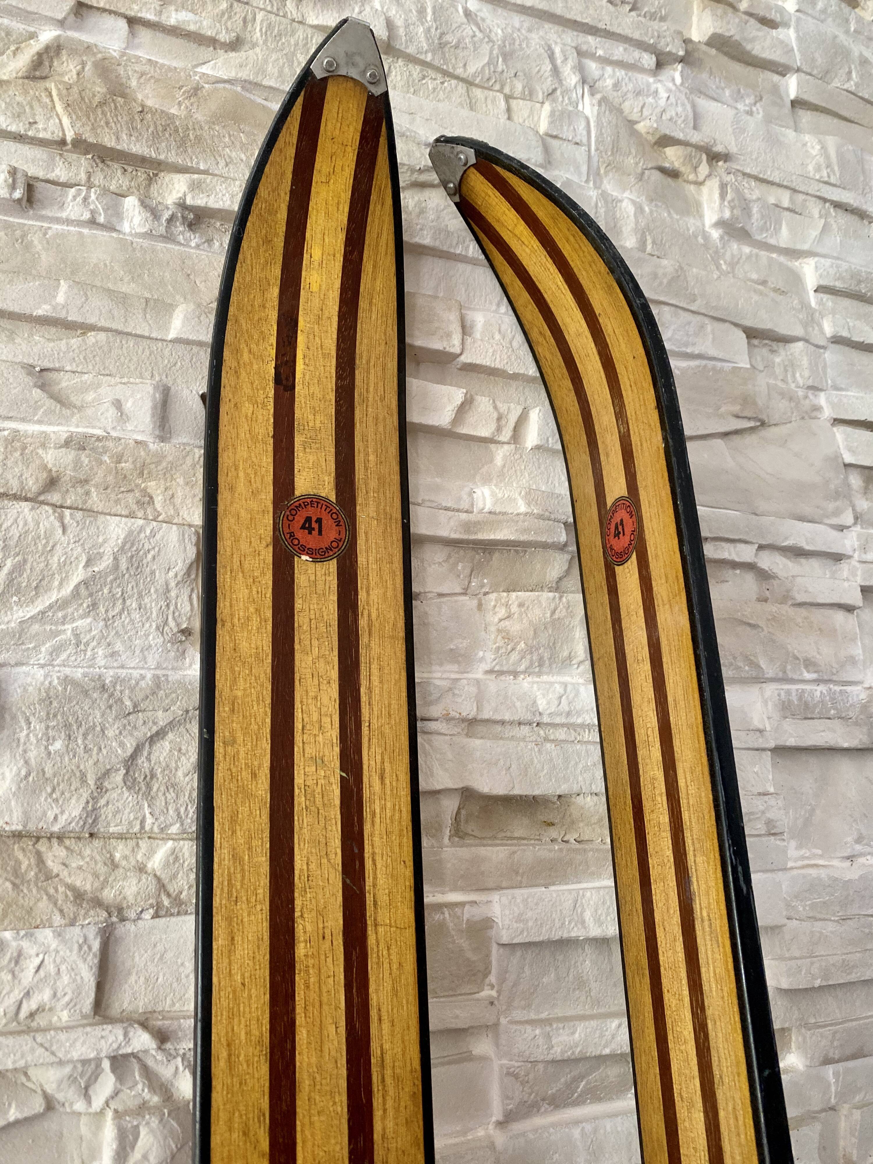 Vintage wooden Rossignol Hickory ski pair