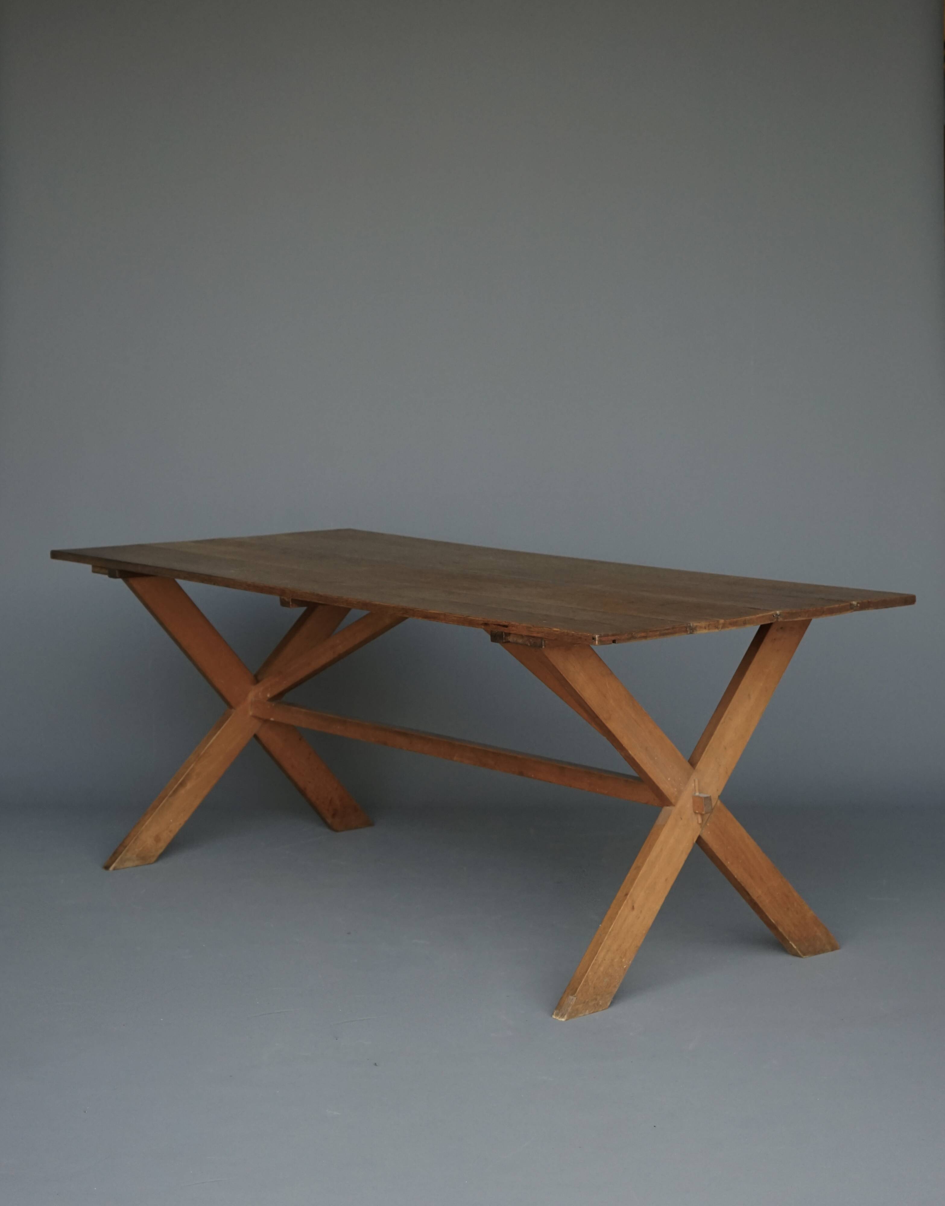 Rustic wooden Farmhouse X-frame Dining Table. 1940s