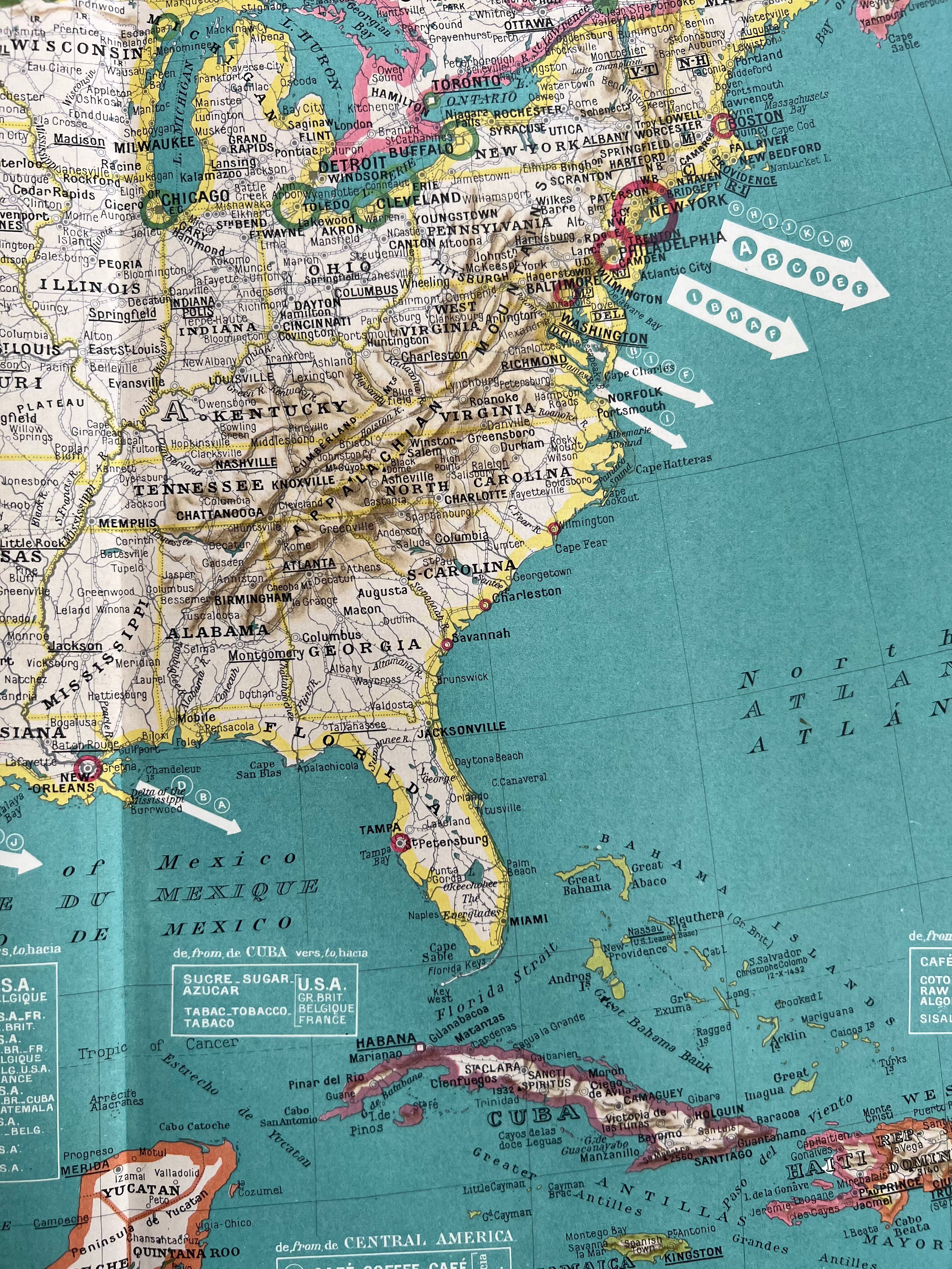 Carte ancienne États-Unis — Routes commerciales & Géographie | Mexique