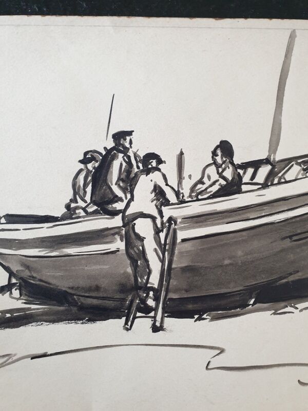 André Duculty (1912-1990) Wash of black ink on paper "Pécheurs à Collioure" Signed below