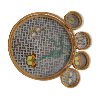 bamboo and glass butterfly tray + 4 coasters