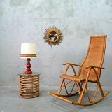 Mid-century bamboo and brass rocking chair and side table from fm, 1950s, set of 2.