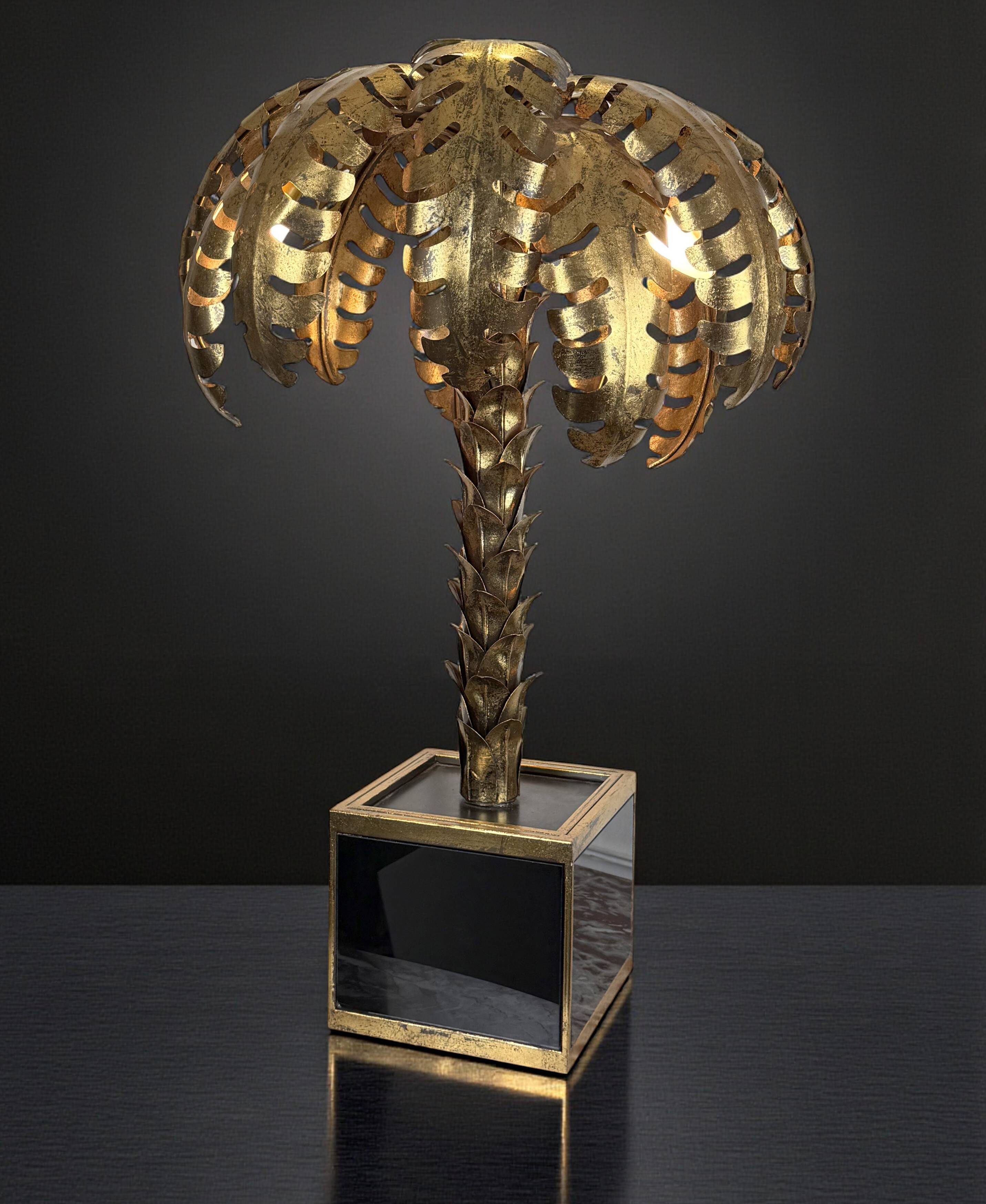 Lampe palmier en metal doré avec socle en plaque de verre style année 70