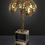 Lampe palmier en metal doré avec socle en plaque de verre style année 70