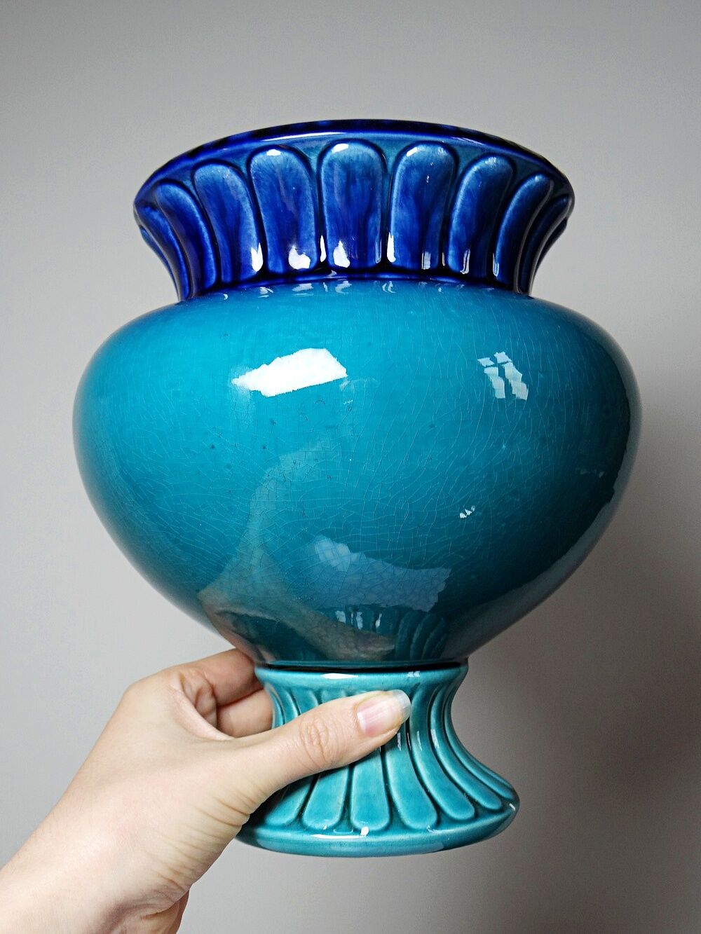 Turquoise & cobalt blue glazed earthenware vase/cache-pot by D. Dinis, 1960s-80s.