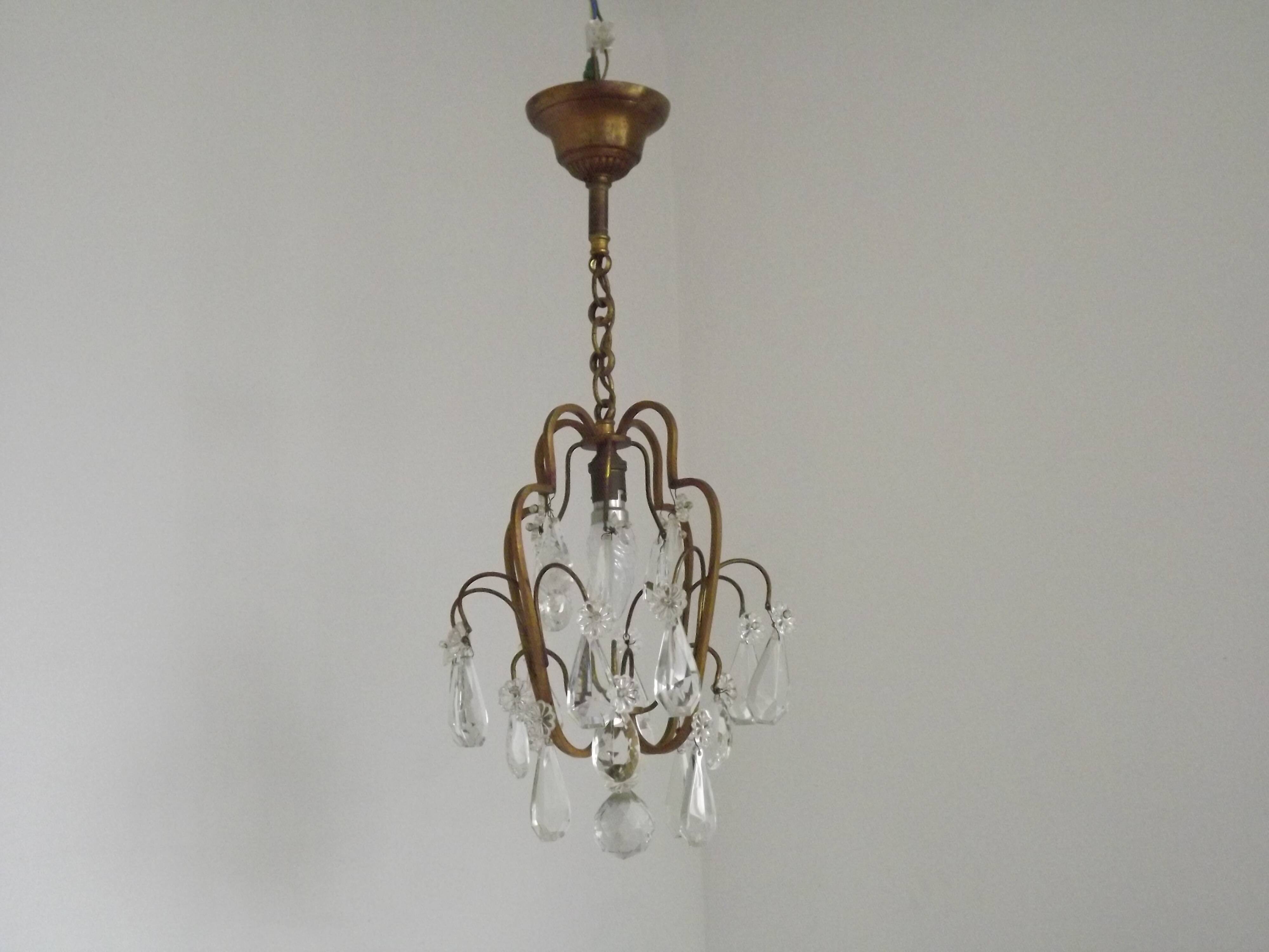 Small French Vintage Brass Single Light 4-Sided Crystal Cage Chandelier
