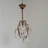 Small French Vintage Brass Single Light 4-Sided Crystal Cage Chandelier