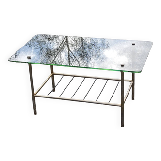 Vintage coffee table in gold and blackened metal with glass top from the 60s